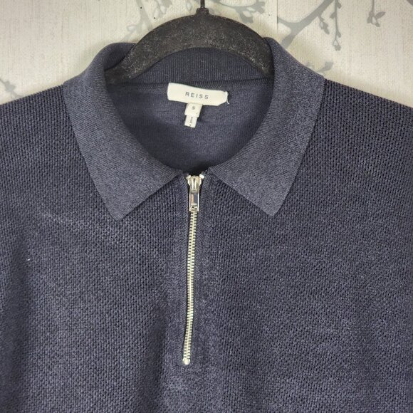 Reiss Navy Cotton Blend Knit Quarter Zip Sweater - Picture 2 of 6